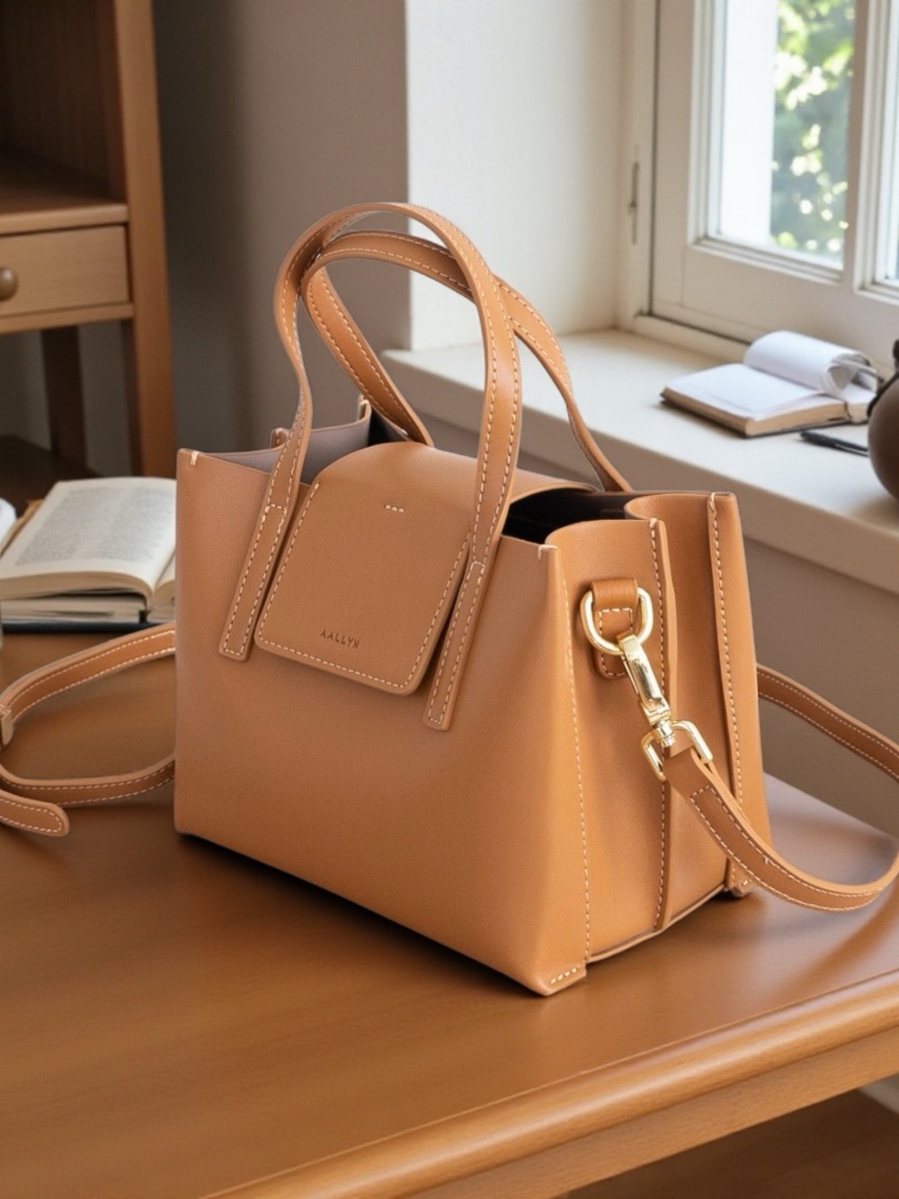 👜AALLYN Mini Stella Satchel Genuine Leather Crossbody Burnt Caramel - Picture 4 of 6